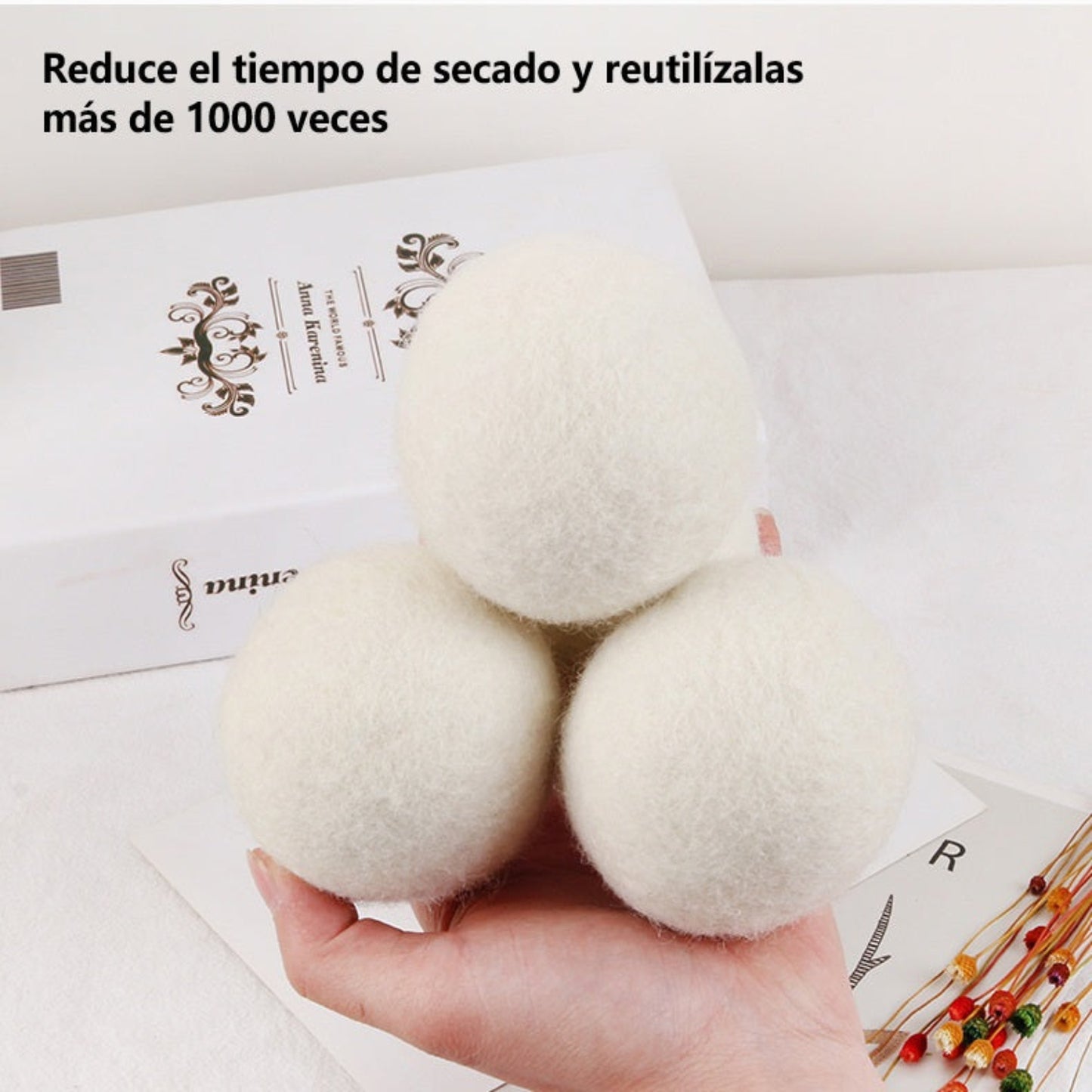 Bolas de lana para secadora – Pelotas de secado reutilizables de fieltro blanco, anti-enredo y antiestáticas