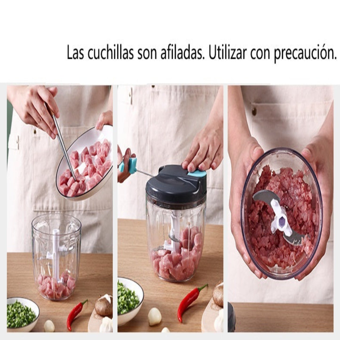 Picadora Manual de Alimentos 3 en 1 – Trituradora Multifuncional para Ajo, Verduras, Carne y Más