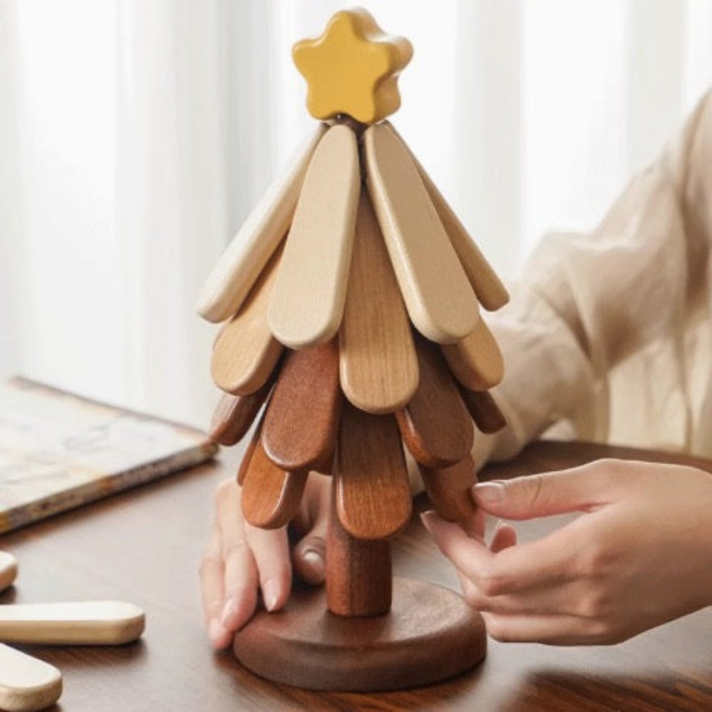 Posavasos de madera en forma de árbol de Navidad – Decoración navideña y salvamanteles resistente al calor para cocina o comedor