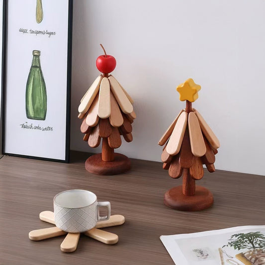 Posavasos de madera en forma de árbol de Navidad – Decoración navideña y salvamanteles resistente al calor para cocina o comedor