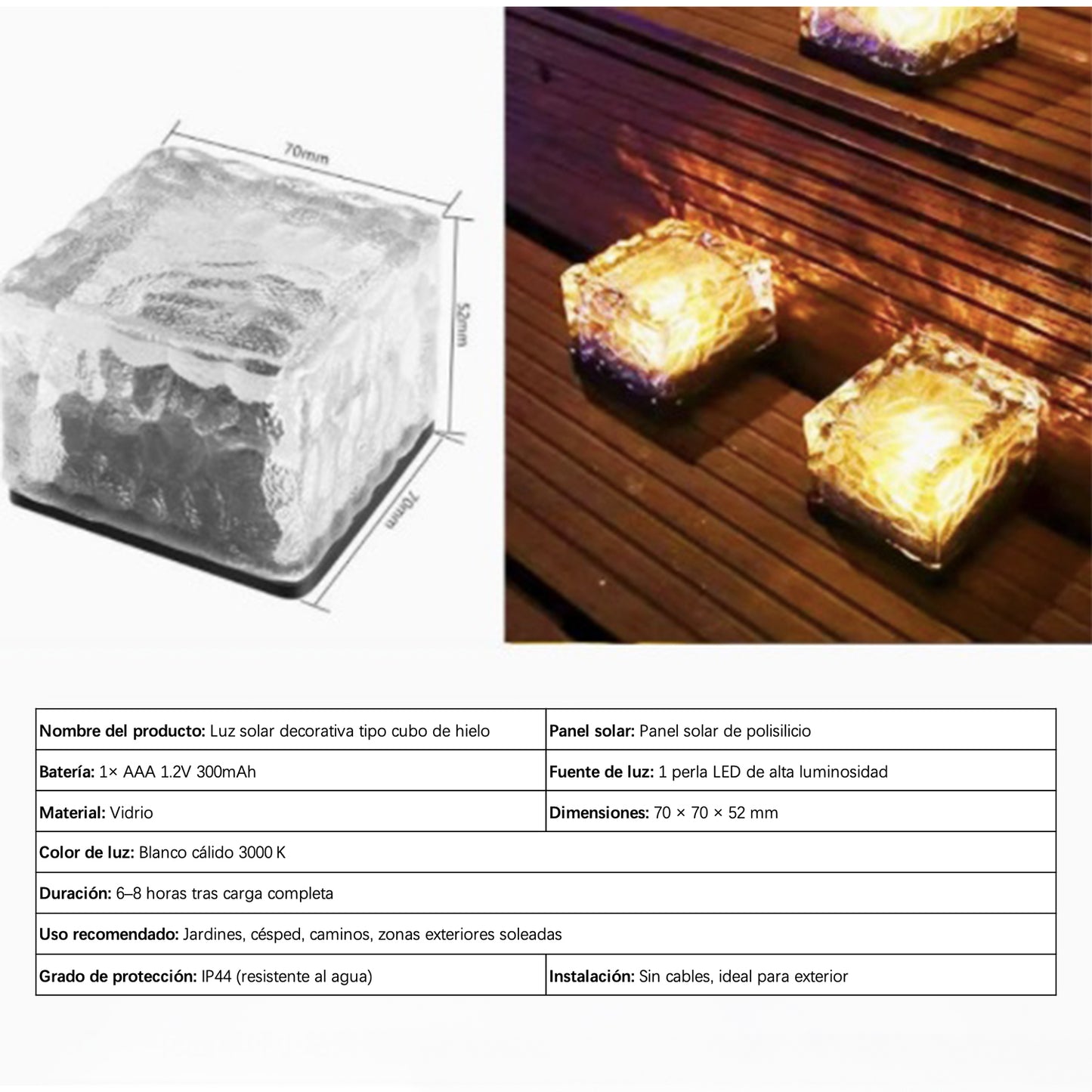 Luz solar exterior en forma de cubo de hielo – Luz LED decorativa impermeable para escaleras, jardín, patio o balcón