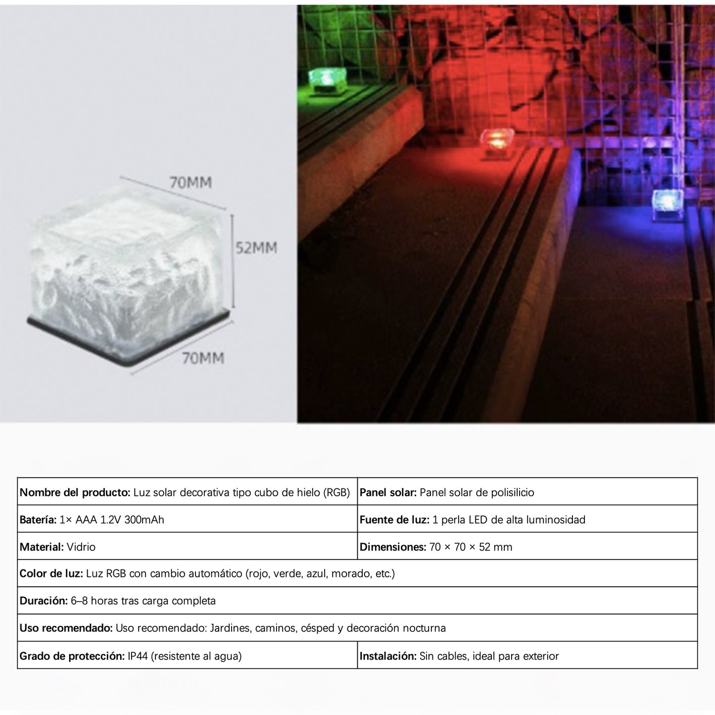 Luz solar exterior en forma de cubo de hielo – Luz LED decorativa impermeable para escaleras, jardín, patio o balcón