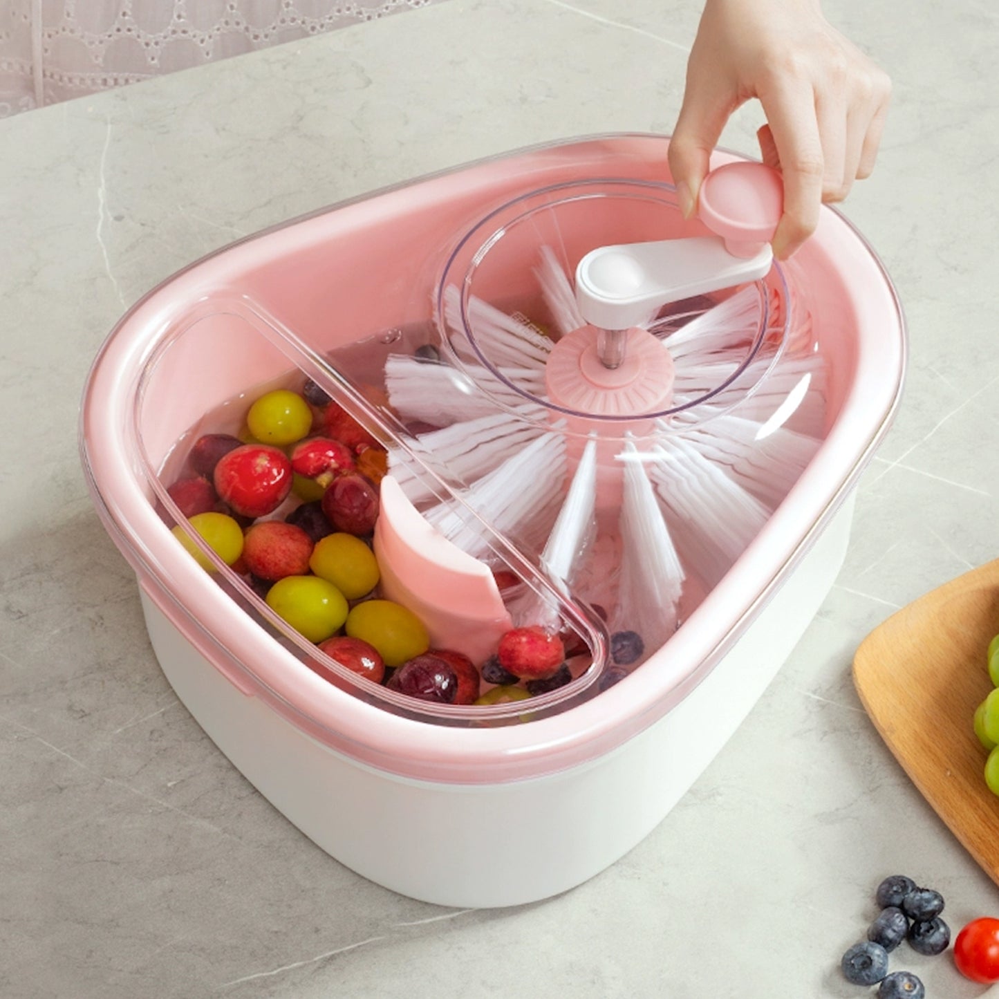 Contenedor limpiador de frutas y verduras con cepillos integrados – Lavabo multifuncional con tapa y sistema giratorio manual