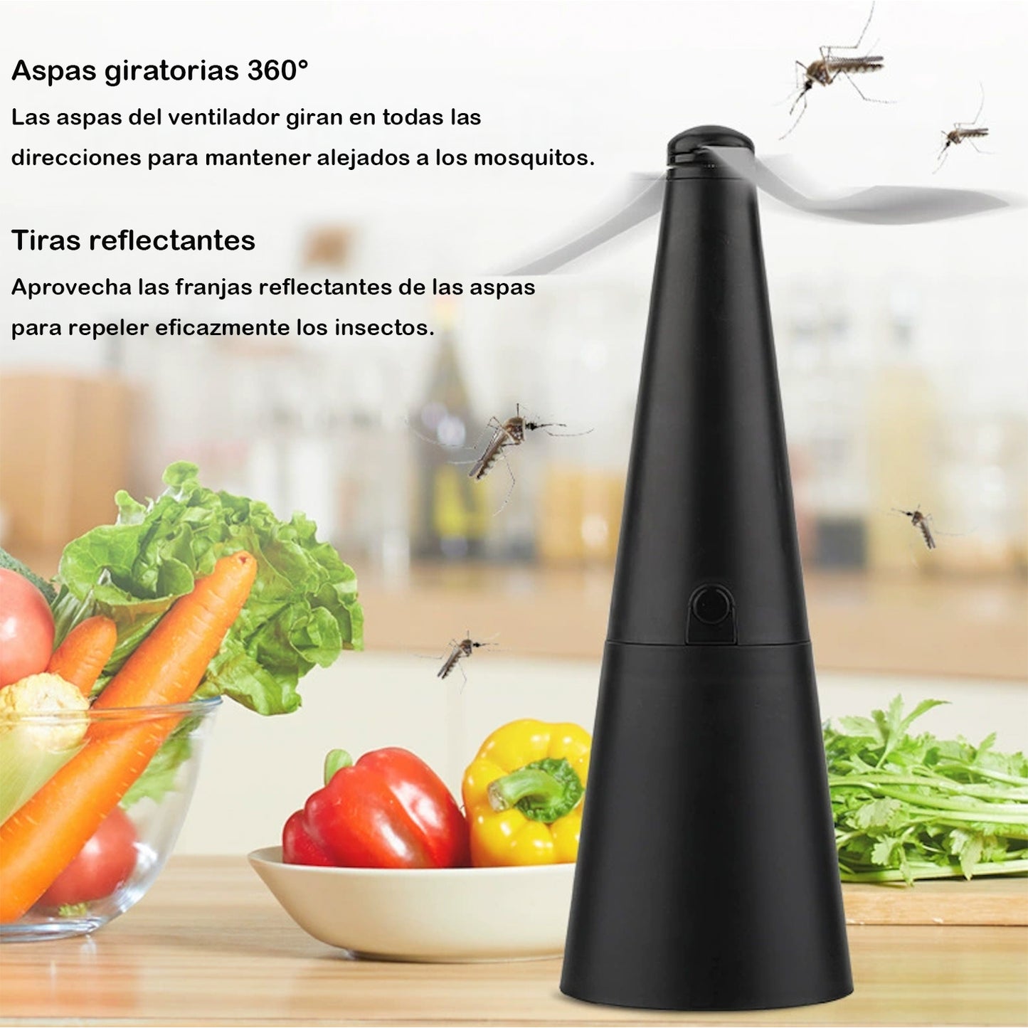 Ventilador repelente de moscas y mosquitos para exteriores – Dispositivo automático con aspas giratorias para ahuyentar insectos
